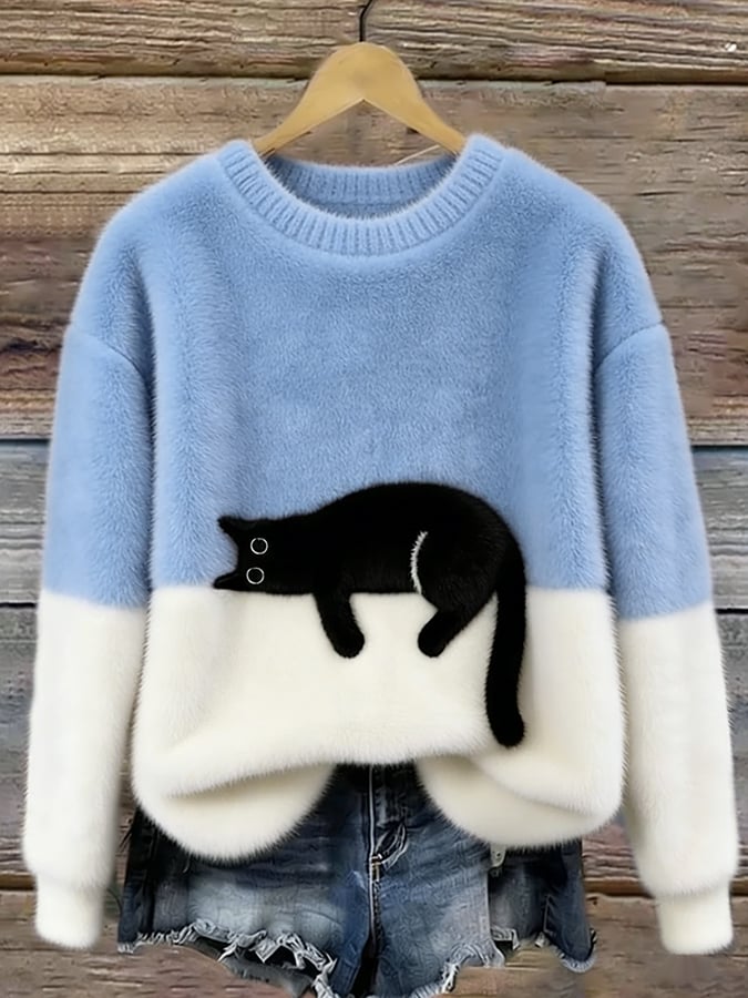Women's fluffy cat jumper in light blue, colour block crew neck knit