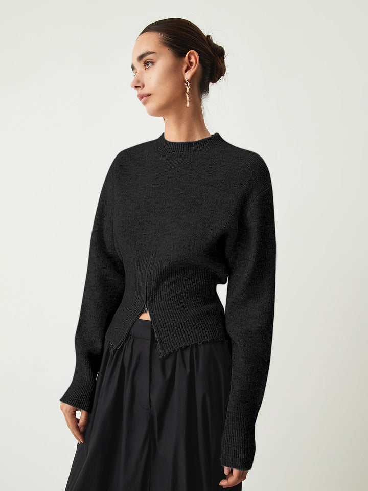 Black fluffy crew neck jumper with fitted waist