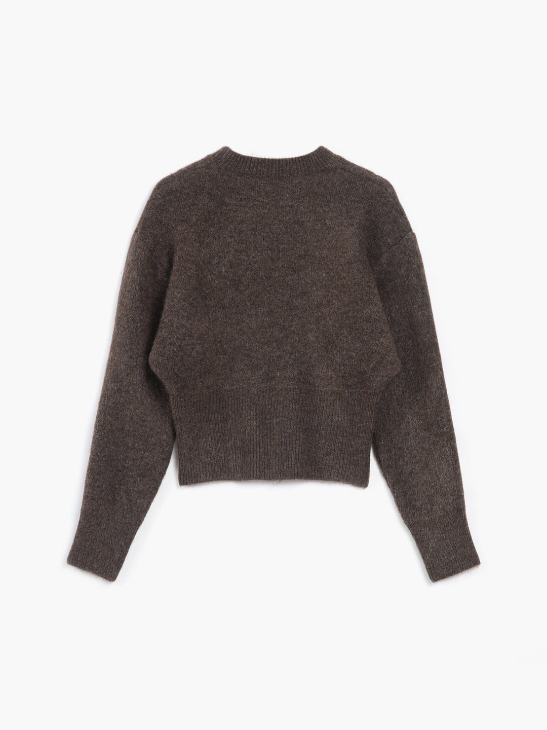 Brown crew neck jumper laid flat with ribbed cuffs