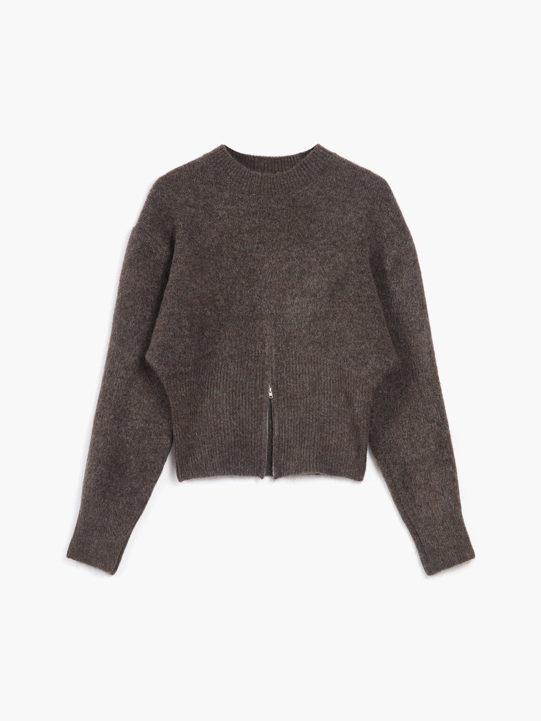 Brown fluffy jumper laid flat, showing the front zip