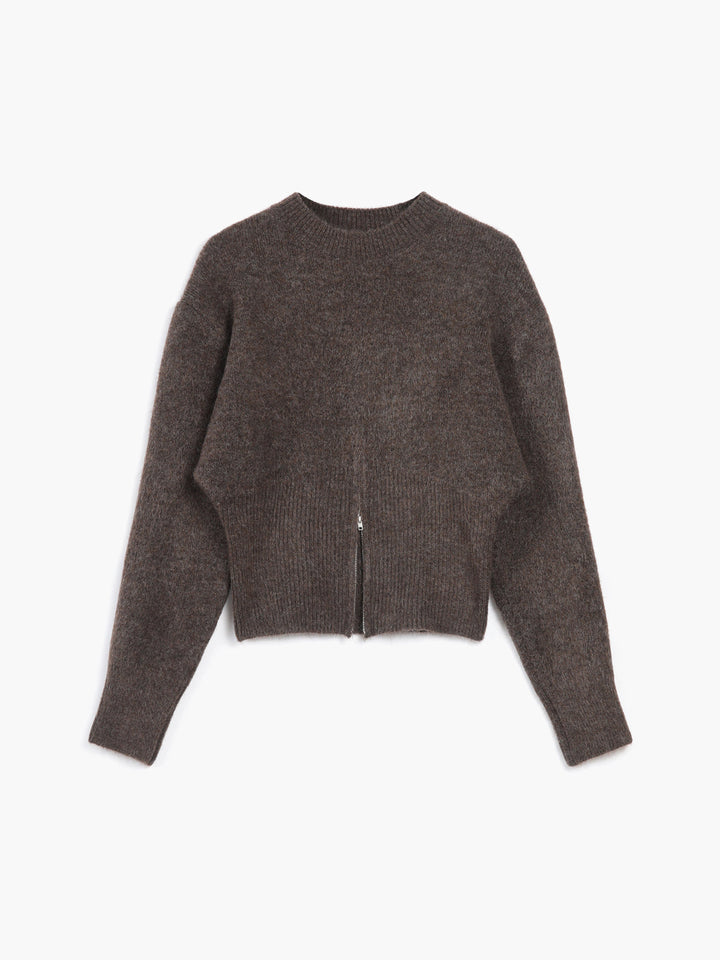 Brown fluffy jumper laid flat, showing the front zip