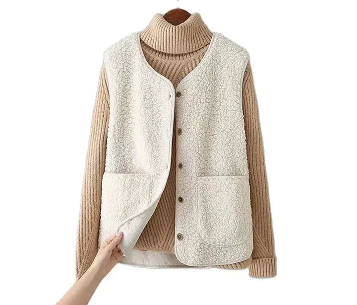 Beige teddy gilet layered over a tan ribbed jumper