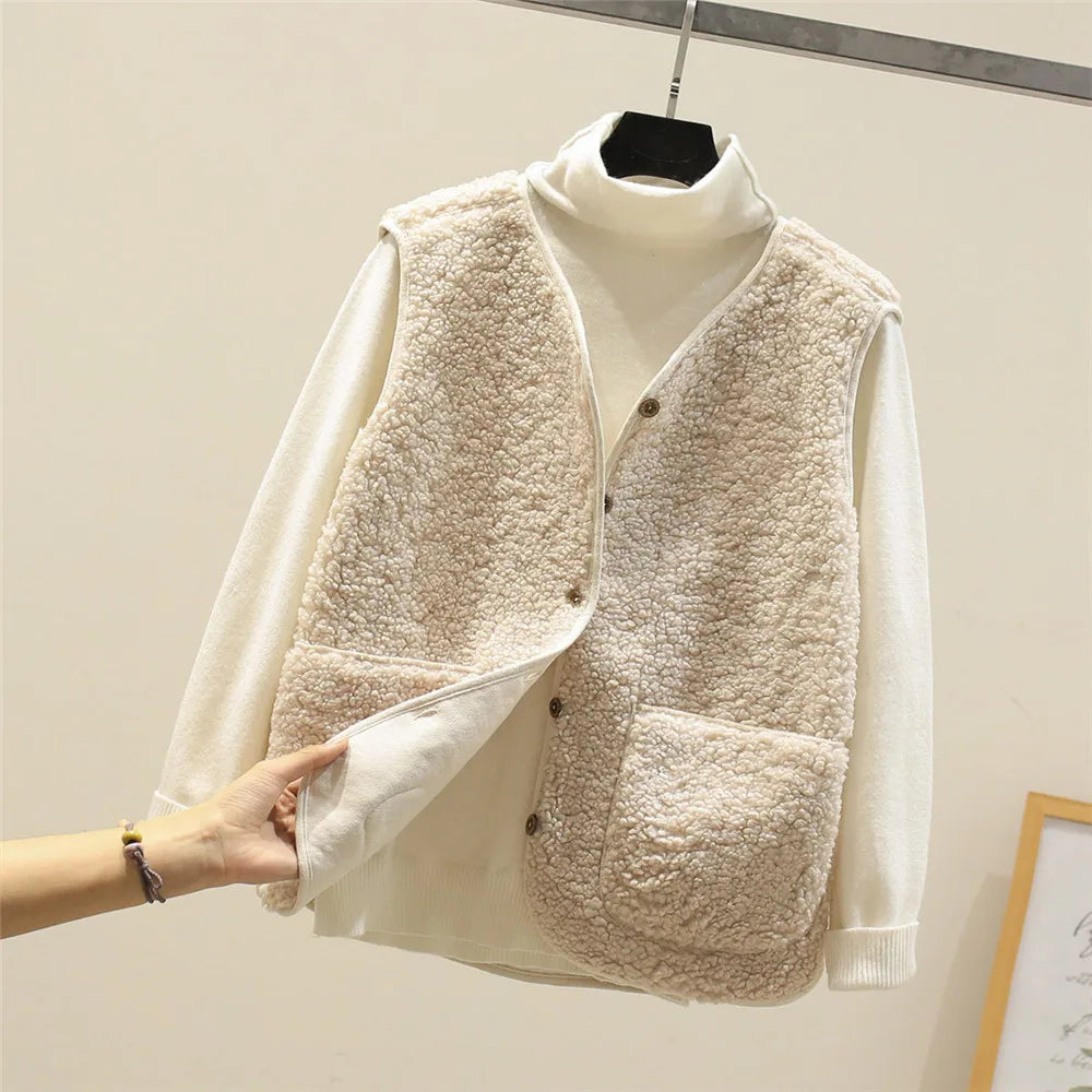 Women's gilet in beige, reversible teddy fleece with V-neck and button front