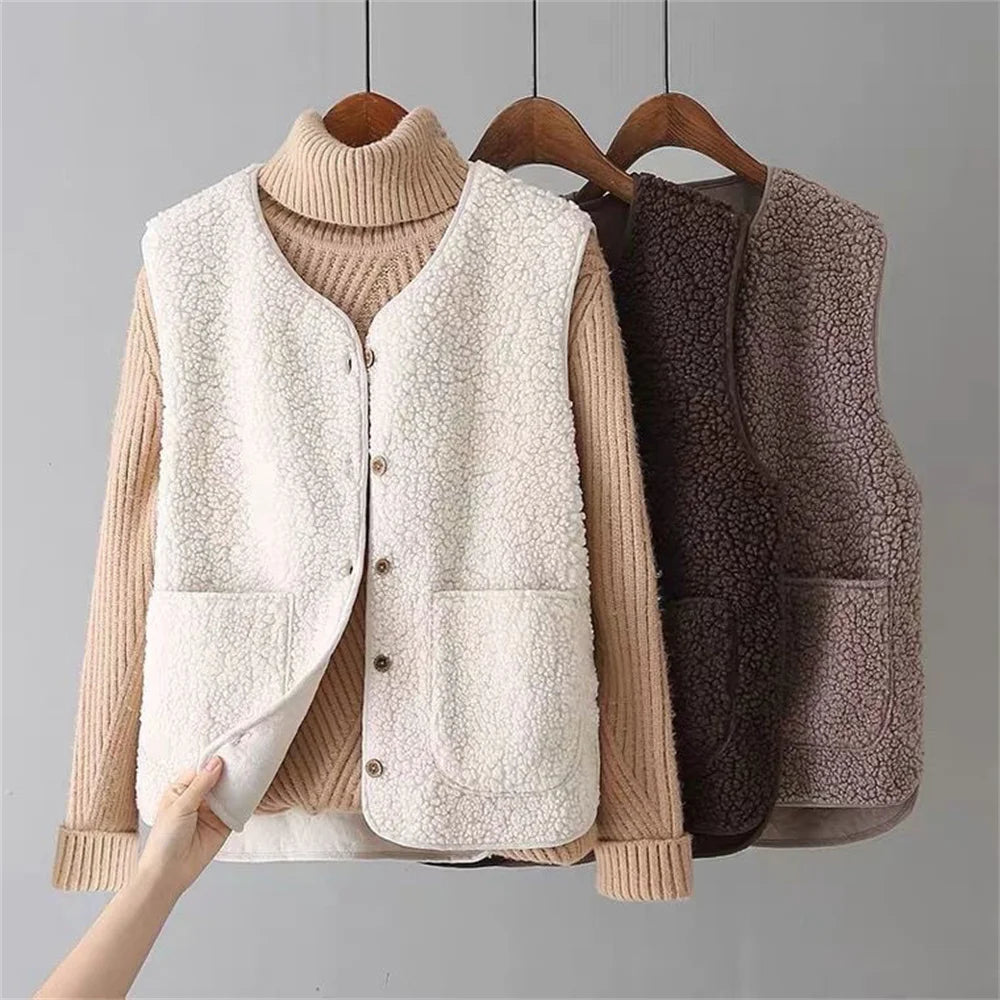 Beige and dark brown teddy gilets side by side