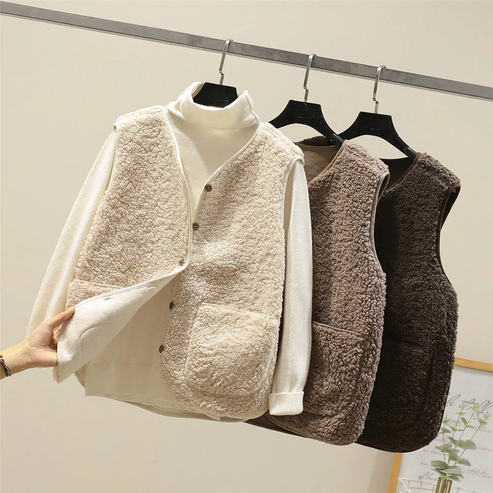 Teddy fleece gilets in beige, taupe and dark brown on hangers
