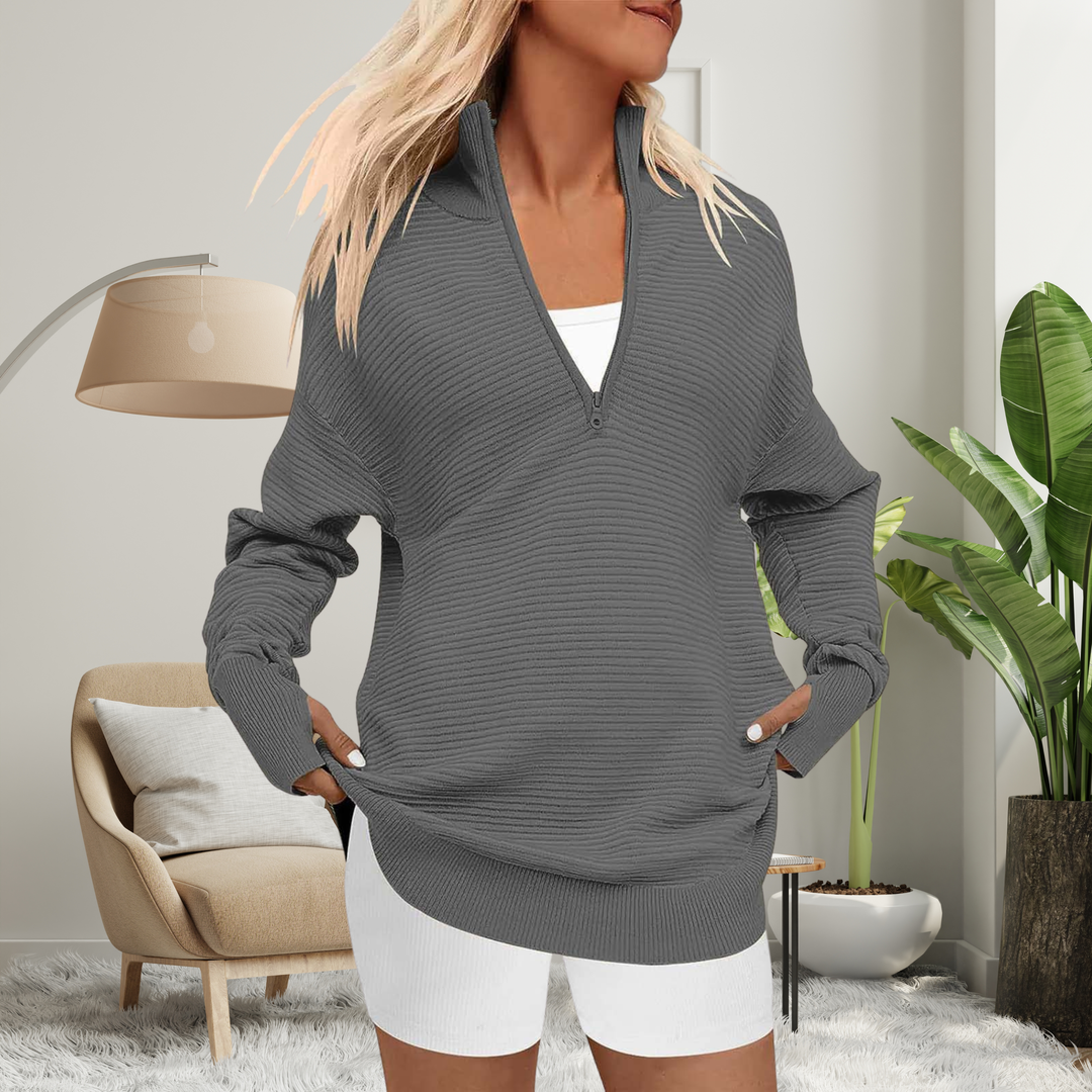 Women's half zip jumper in dark grey, oversized ribbed knit v neck