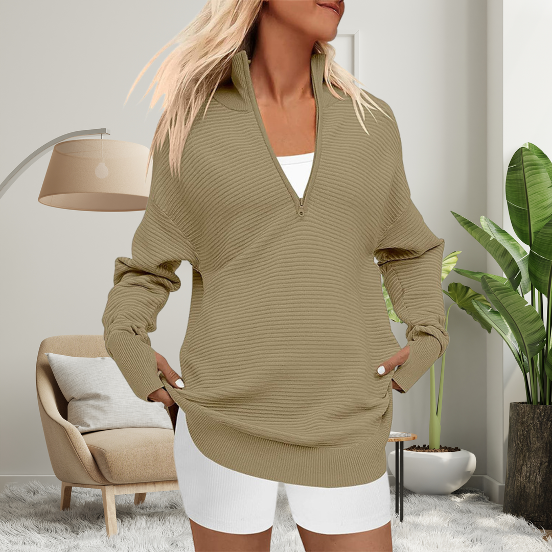 Women's half zip jumper in khaki, oversized ribbed knit v neck