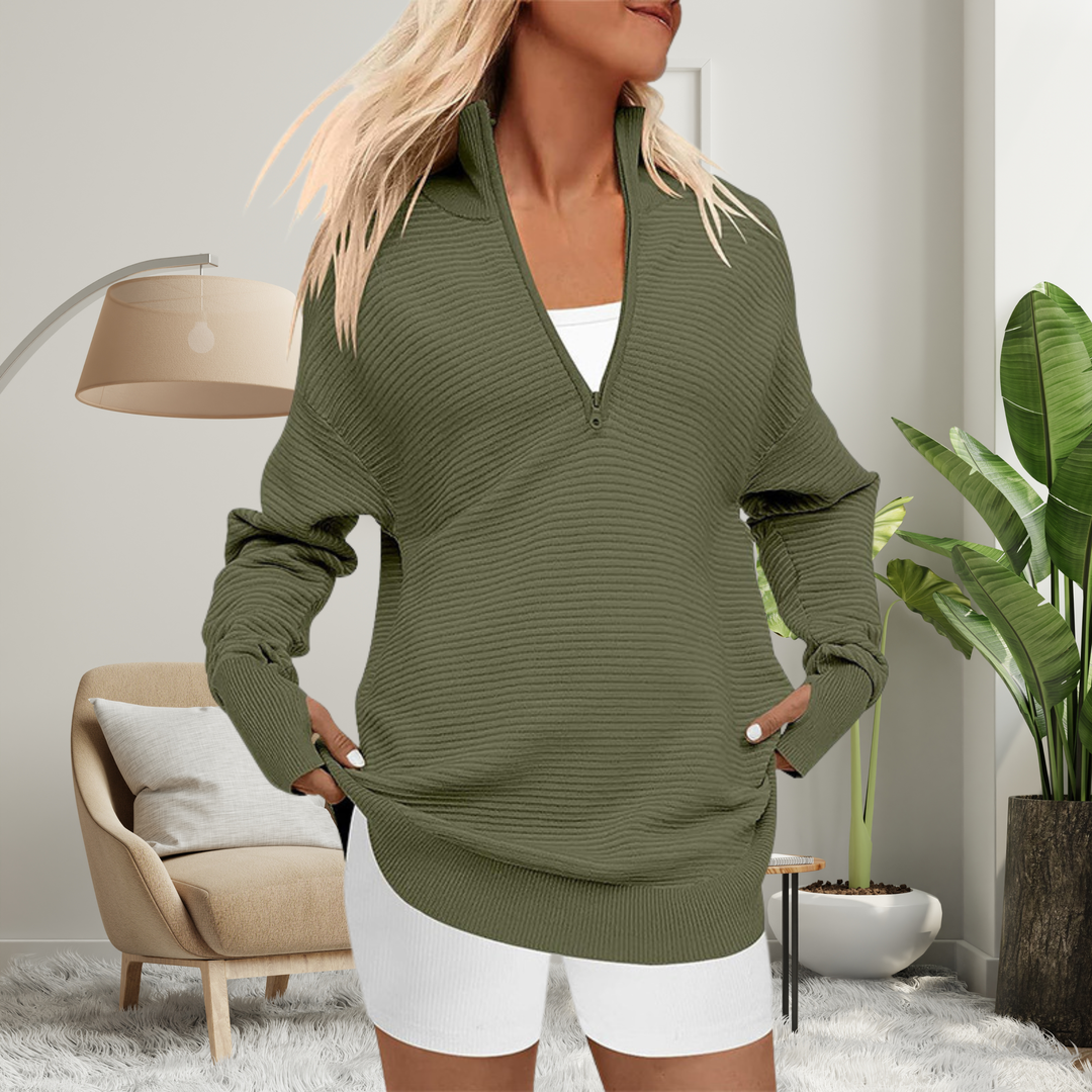 Women's half zip jumper in olive green, oversized ribbed knit v neck