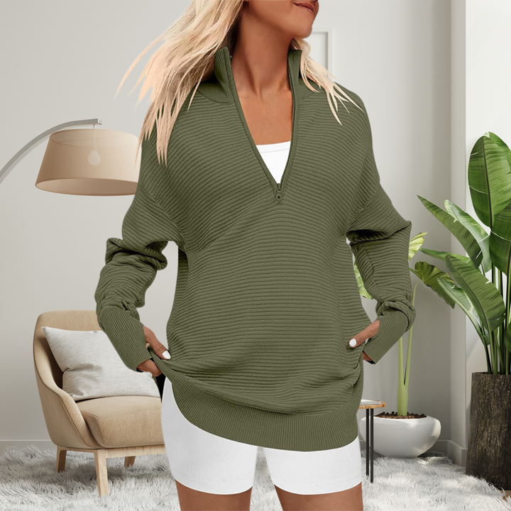 Women's half zip jumper in olive green, oversized ribbed knit v neck