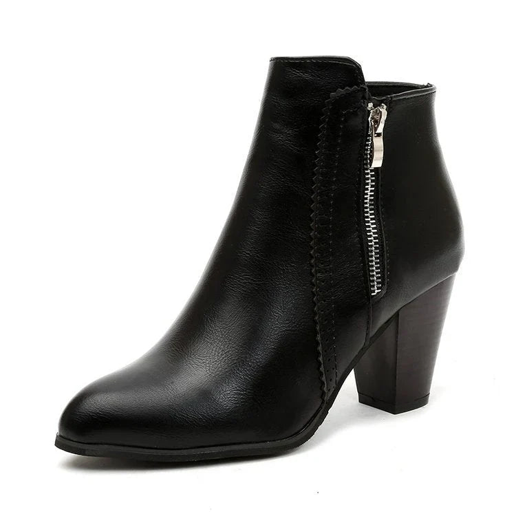 Single black boot side view with zip and stitched trim