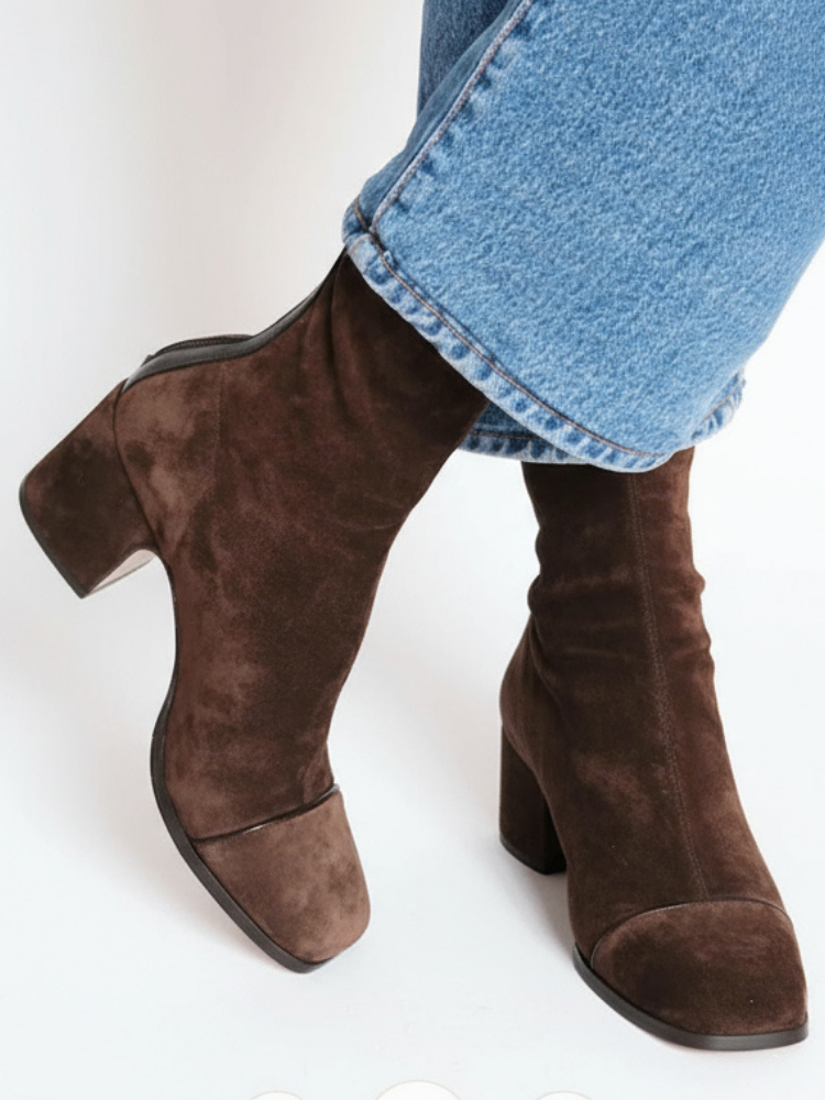 Women's heeled ankle boots in dark brown, square toe block heel suede-look