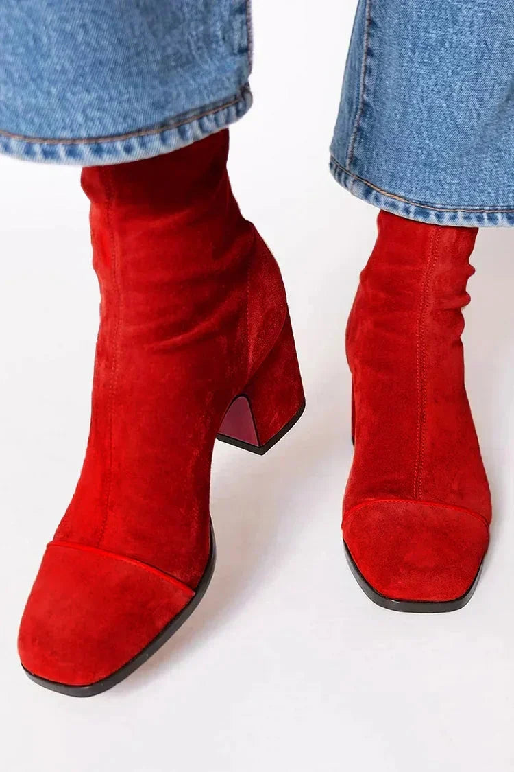 Red suede-look ankle boots with a square toe and block heel