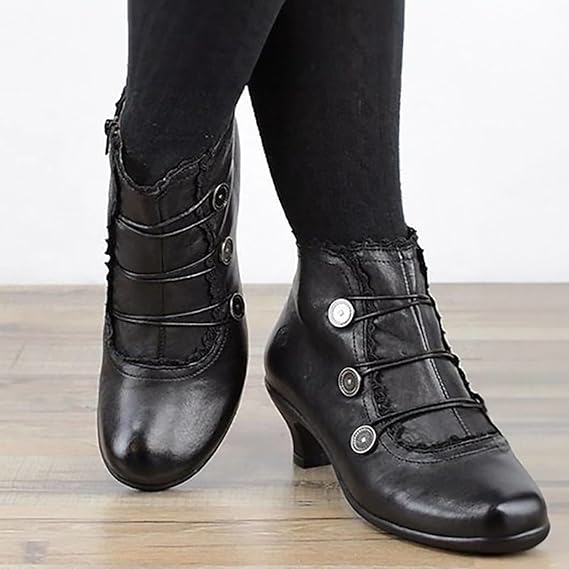 Women's heeled ankle boots in black, victorian button lace trim