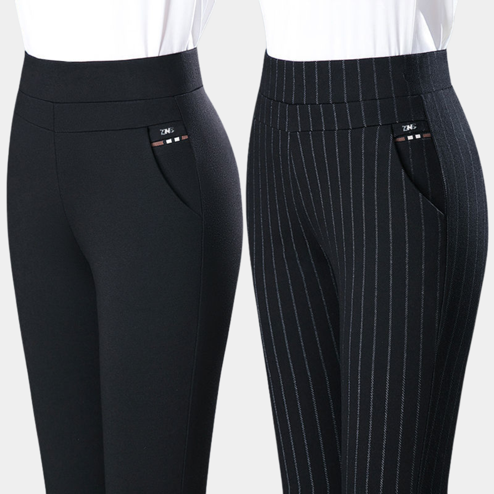 Plain black and black pinstripe leggings side by side, showing the pockets