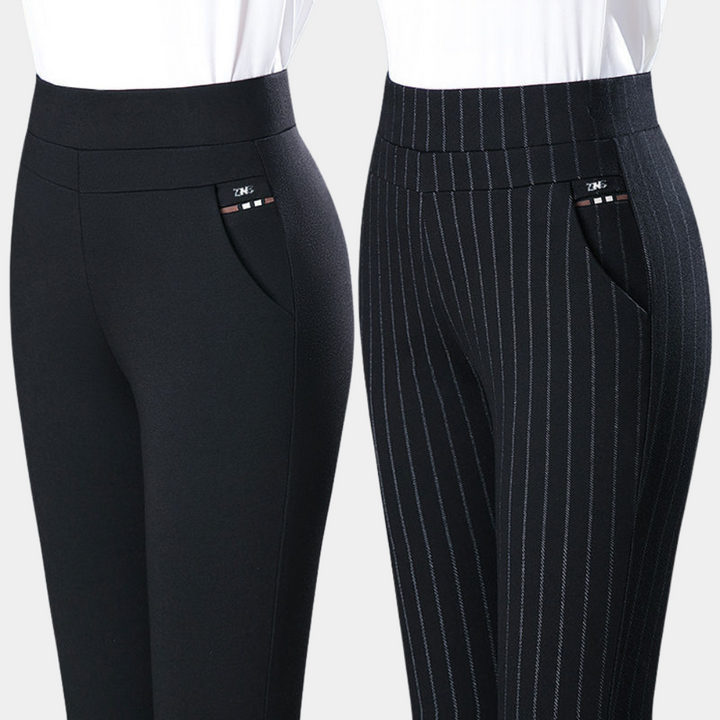 Plain black and black pinstripe leggings side by side, showing the pockets