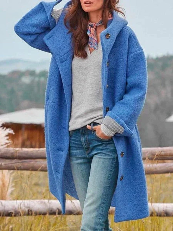 Hooded Coat in blue, on model