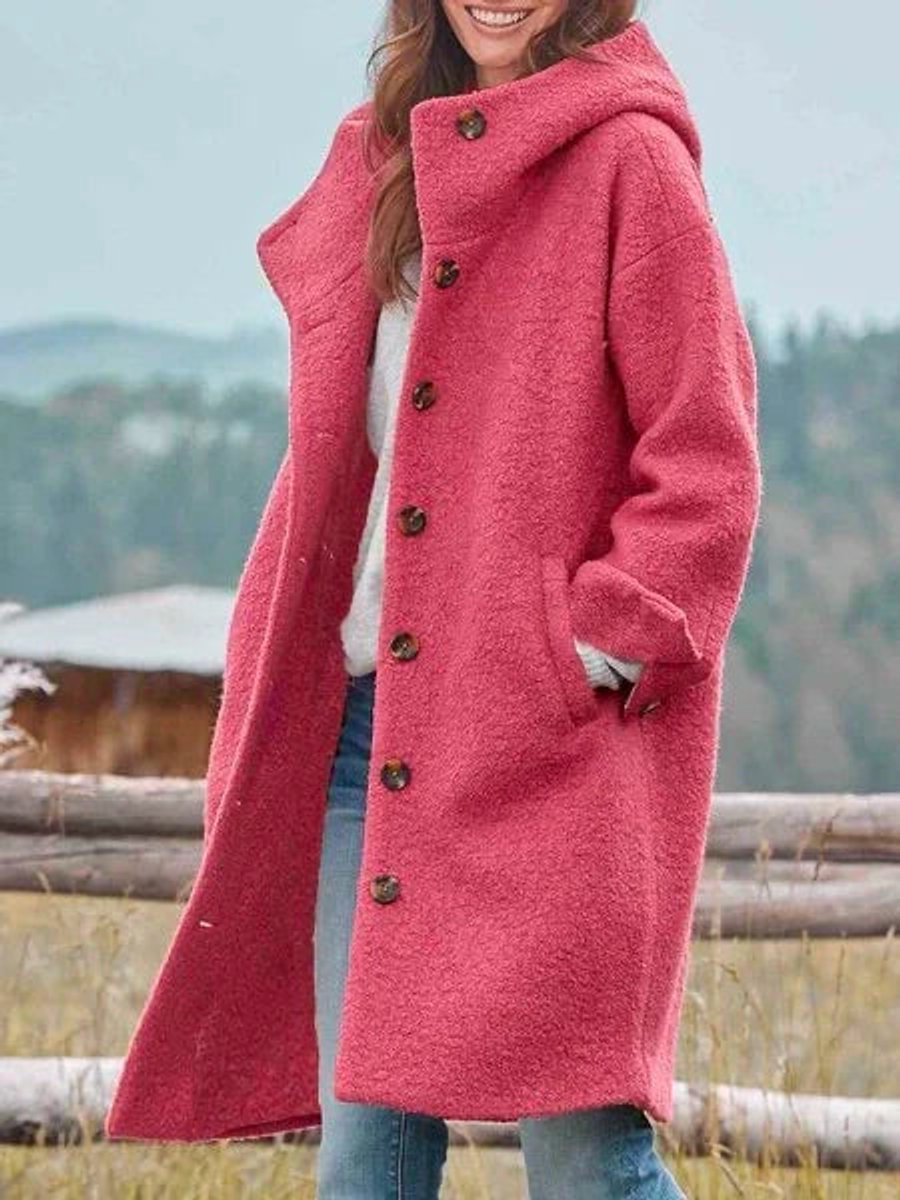 Hooded Coat in coral pink, on model