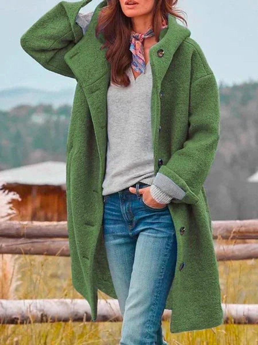 Women's hooded coat in green, longline textured button front