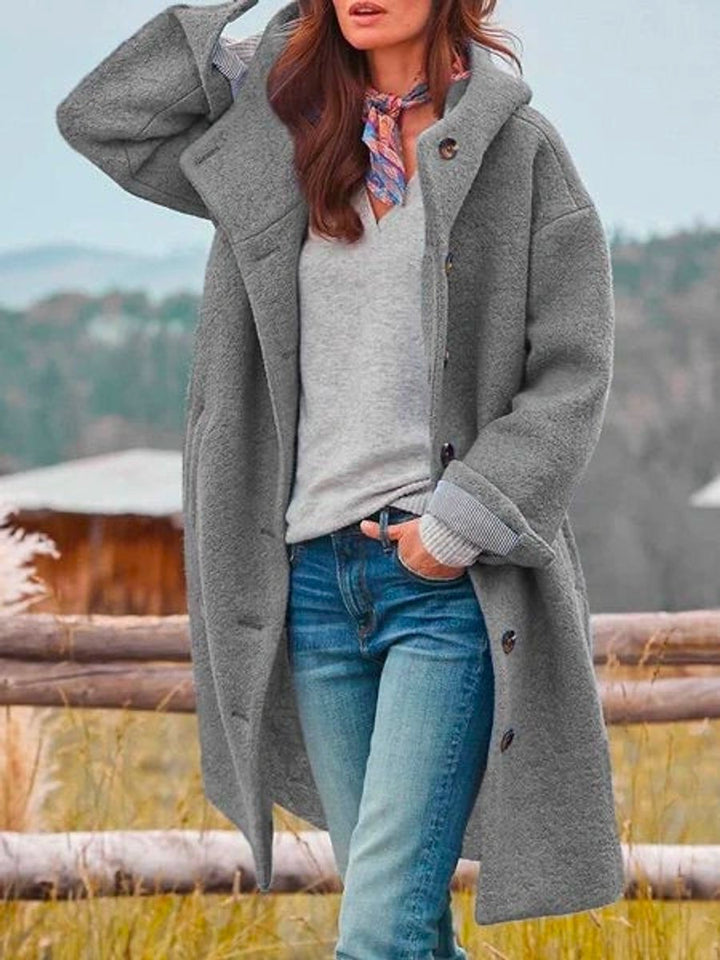 Hooded Coat in grey, on model