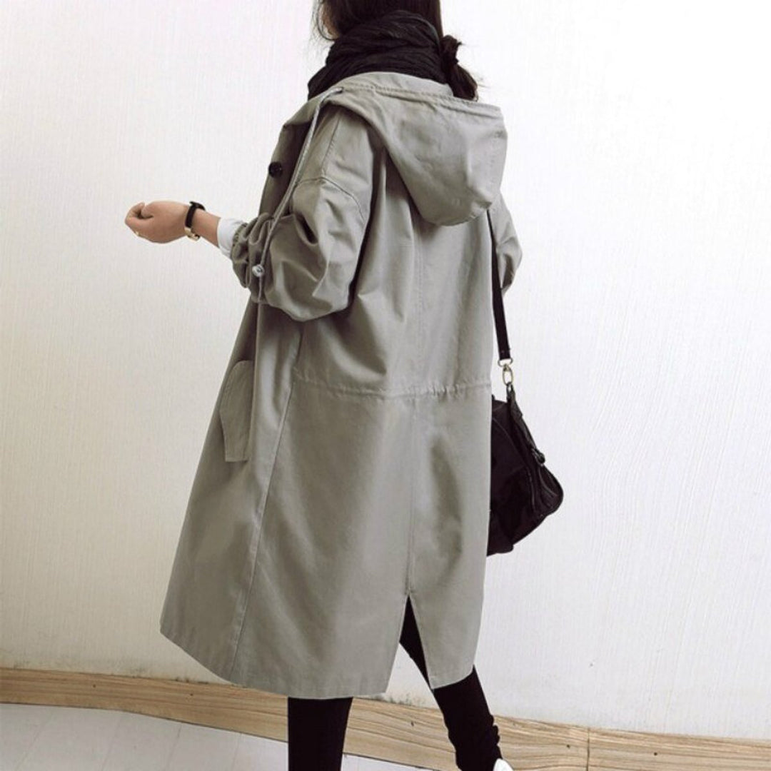 Hooded Coat in grey, on model, view 2