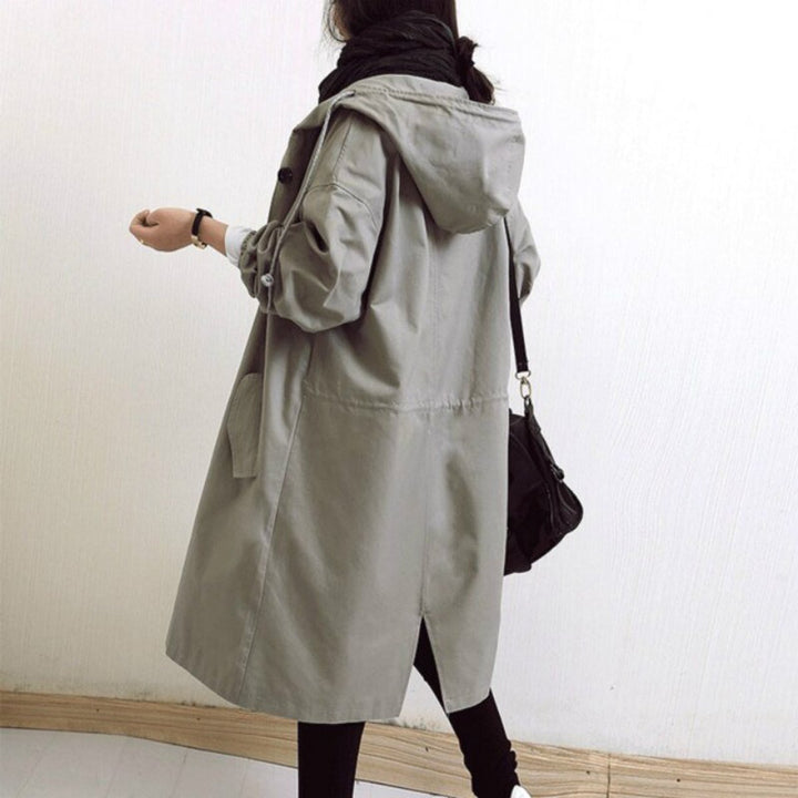 Hooded Coat in grey, on model, view 2