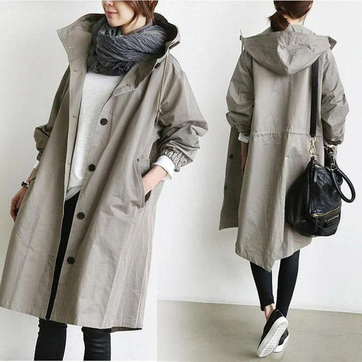 Hooded Coat in grey, on model, view 3