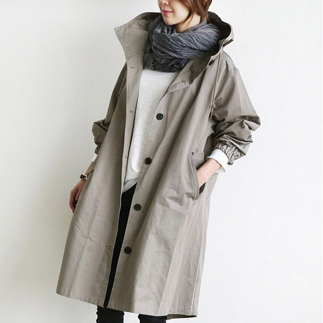 Women's hooded coat in grey, oversized drawstring button front