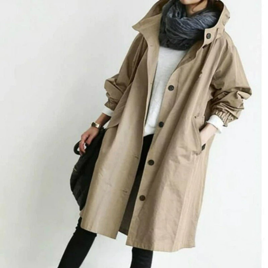 Hooded Coat in khaki, on model