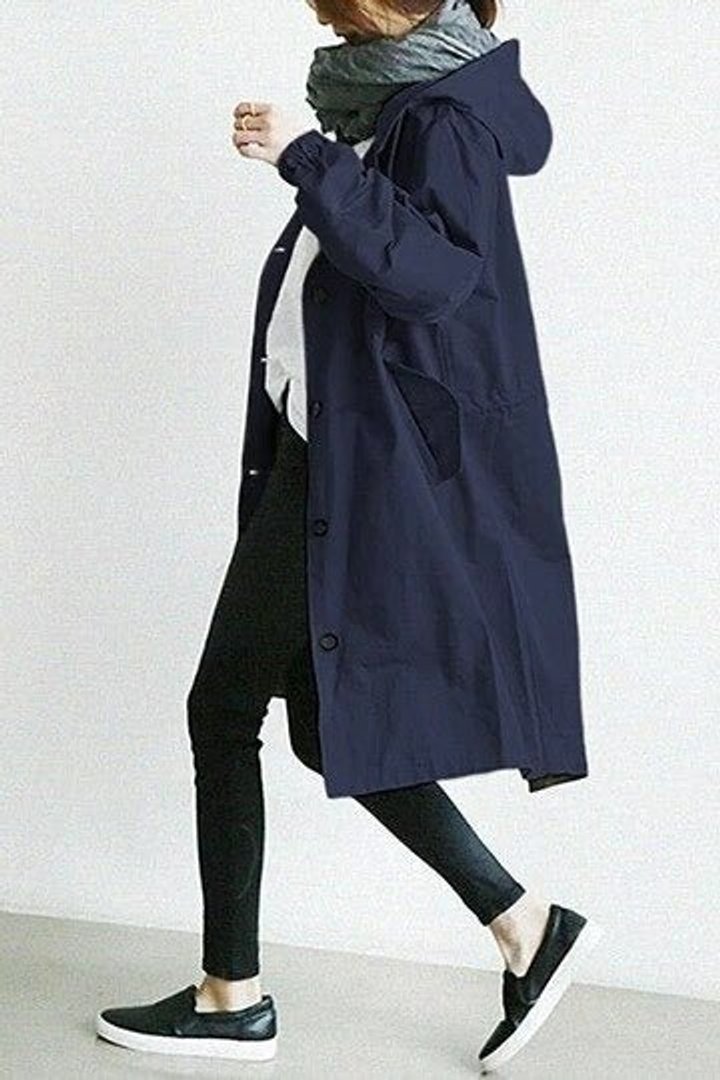 Hooded Coat in navy, on model