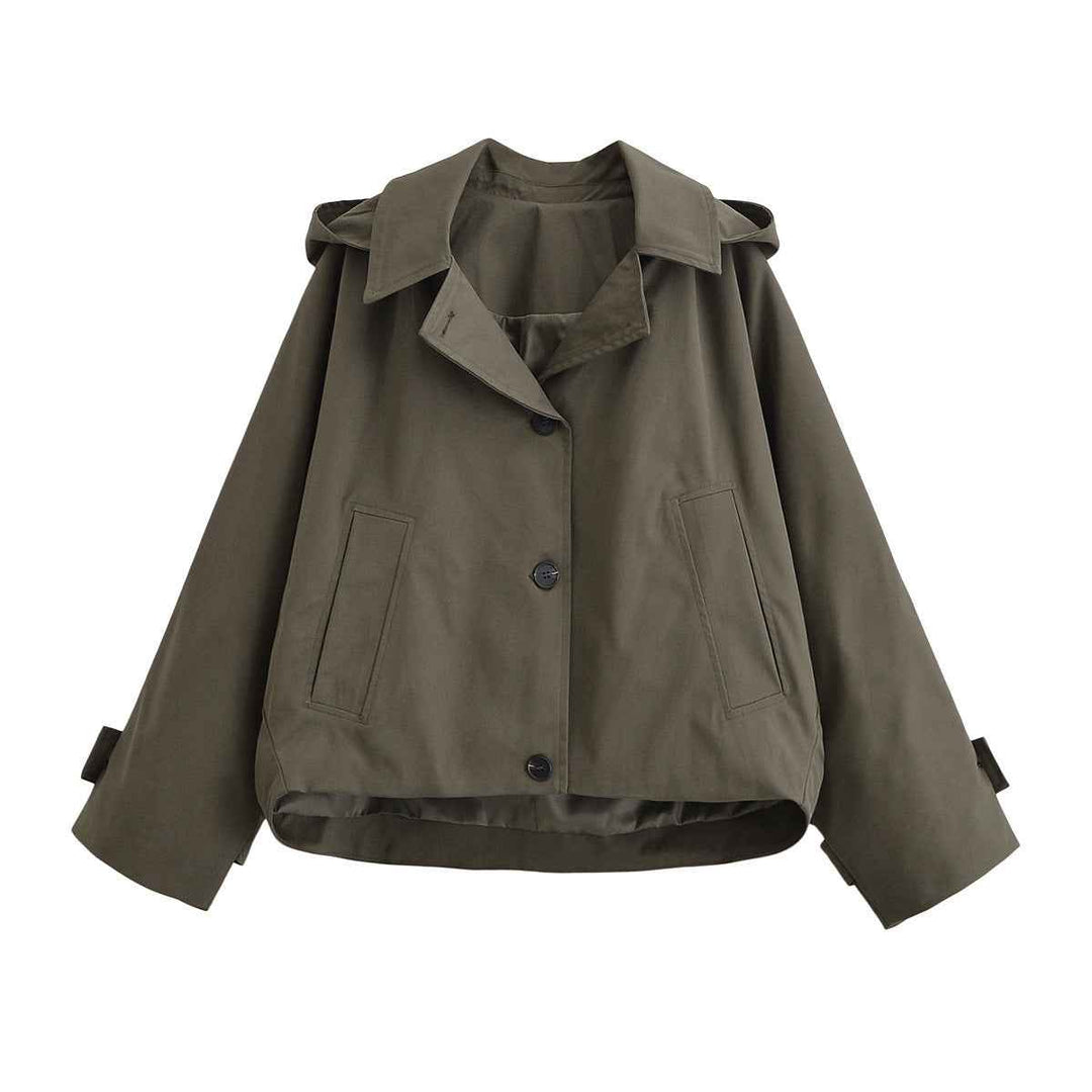 Women's hooded jacket in military green, cropped button front utility
