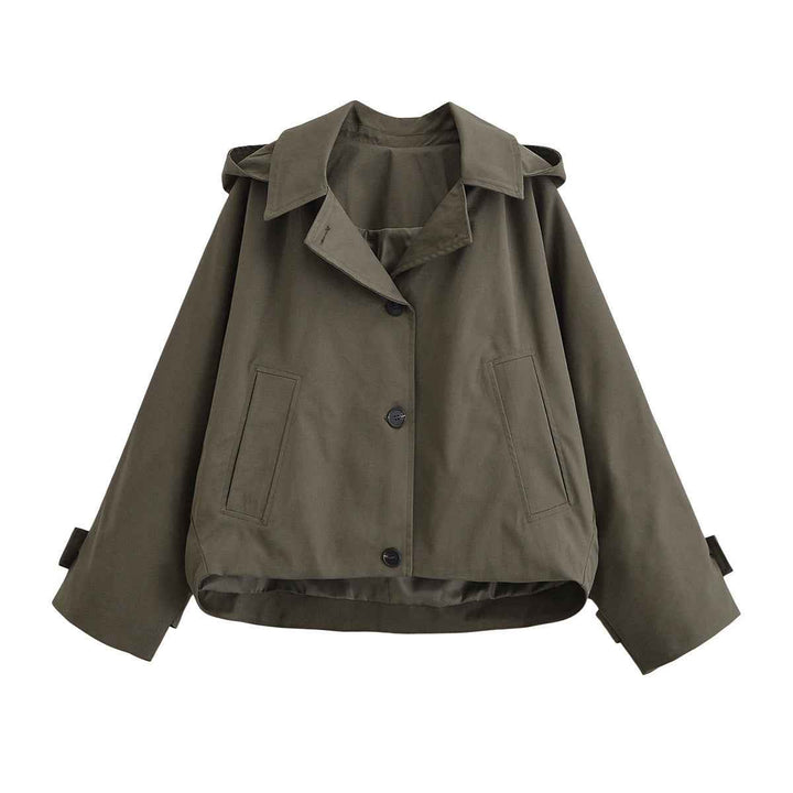 Women's hooded jacket in military green, cropped button front utility