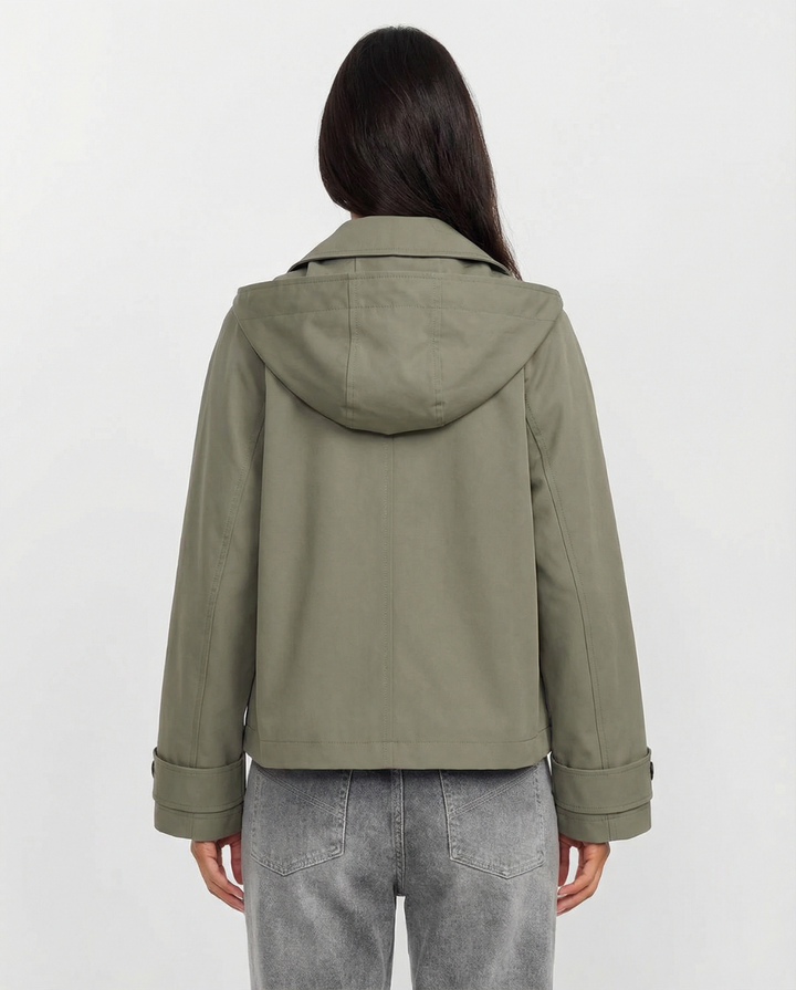 Women's hooded jacket, cropped button front utility, view 3
