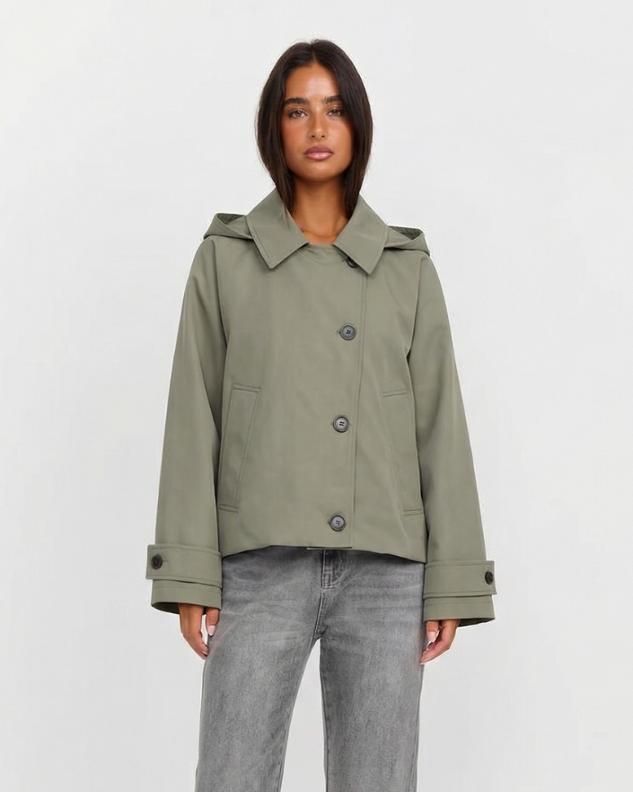 Women's hooded jacket, cropped button front utility, view 1