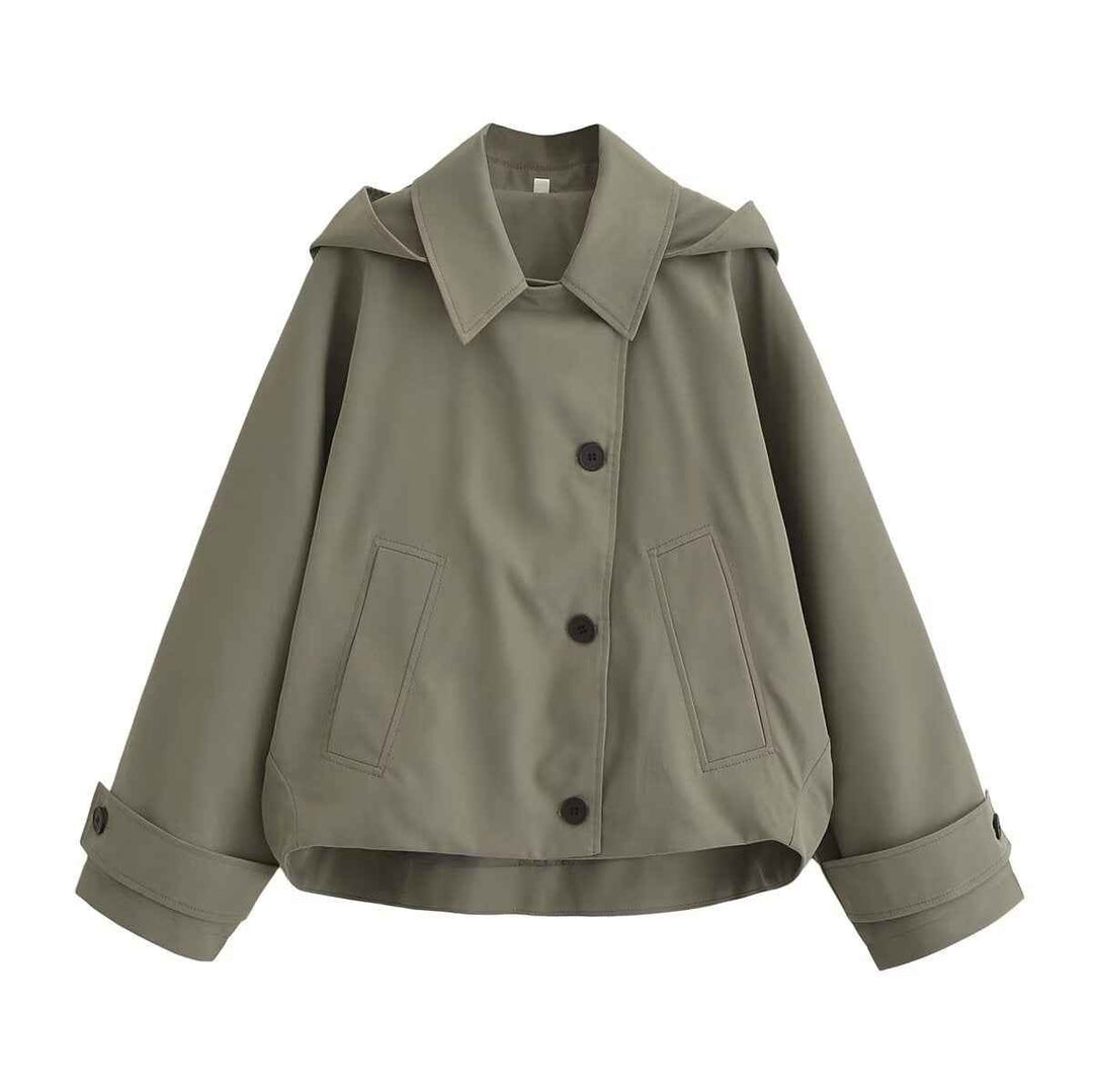 Women's hooded jacket in taupe, cropped button front utility