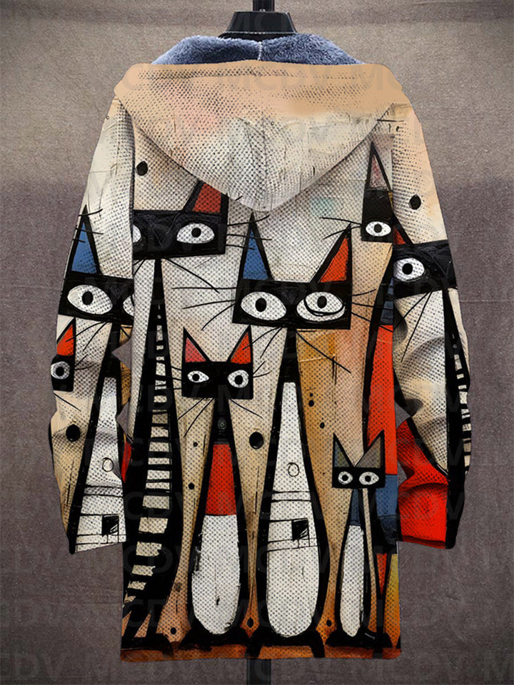 Beige jacket from behind, cat artwork continuing over the hood