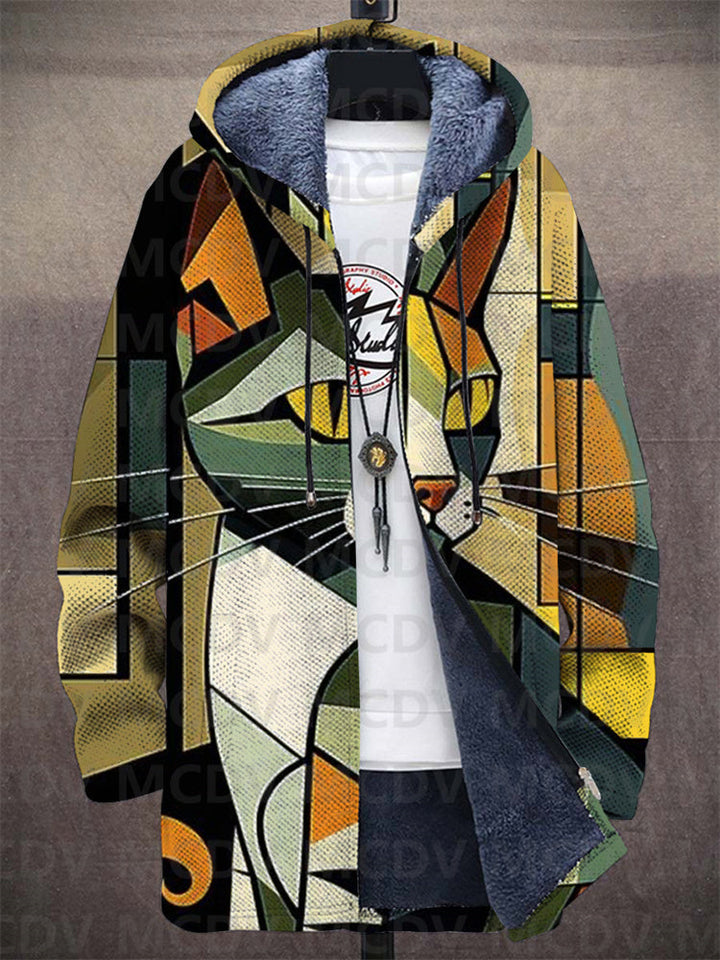 Women's hooded jacket in olive with cubist cat print, fleece lining and longline zip front