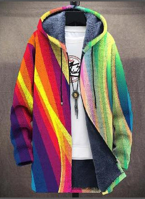 Rainbow stripe hooded jacket with diagonal bands of colour