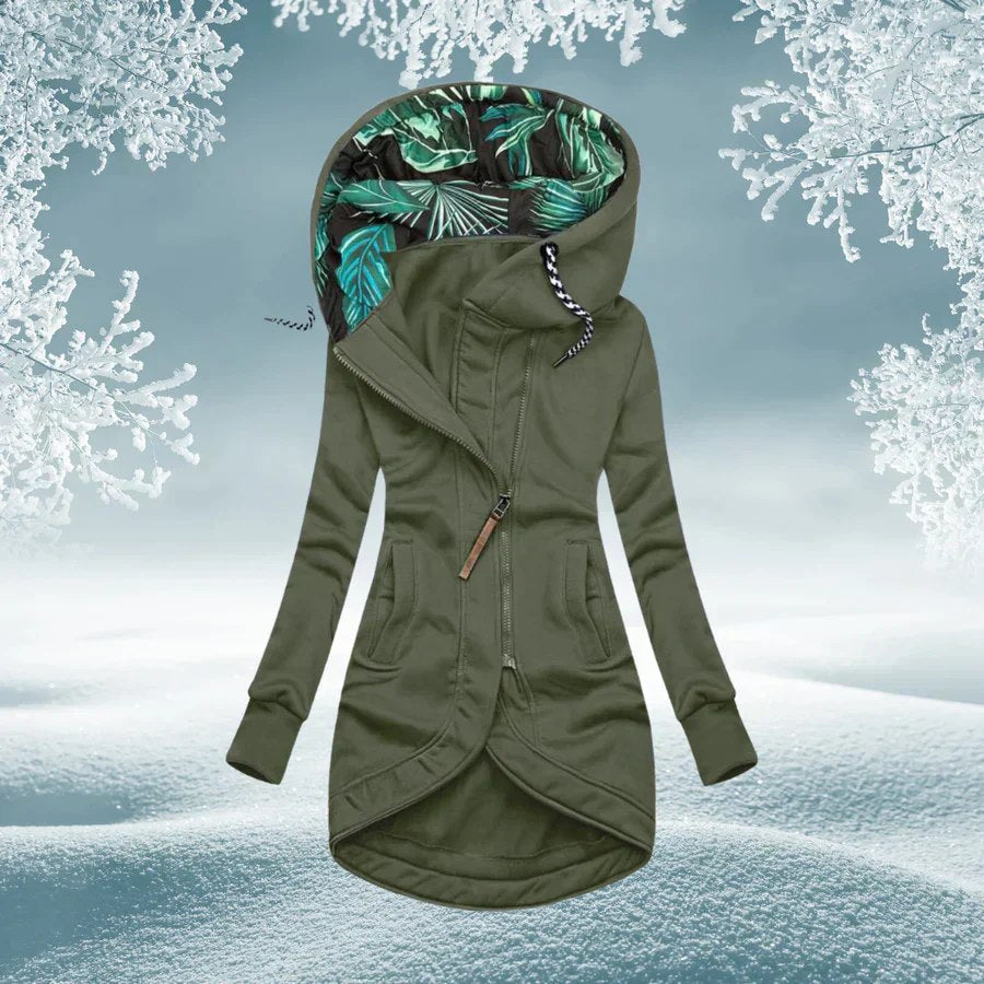Women's hooded jacket in khaki green, longline zip with printed hood
