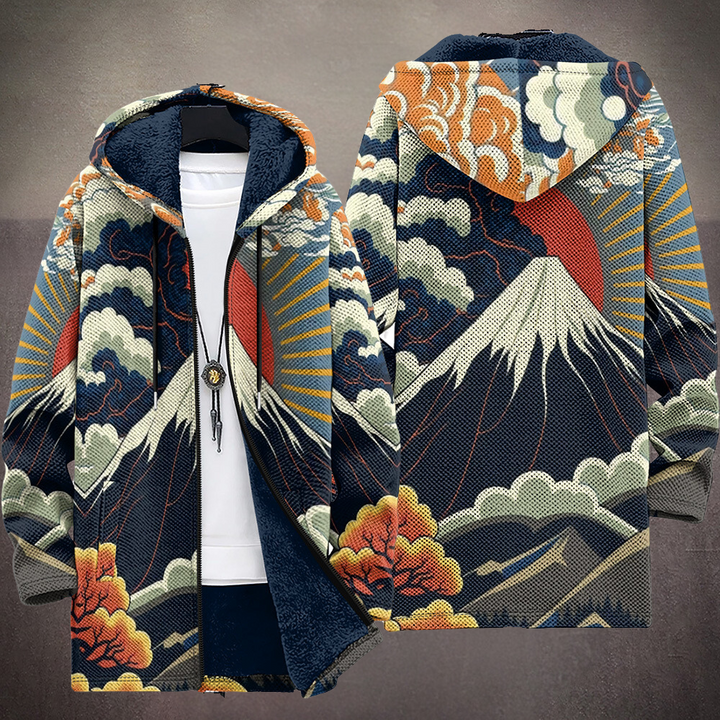 Front and back of the mountain print jacket, the peak and sun centred on the back