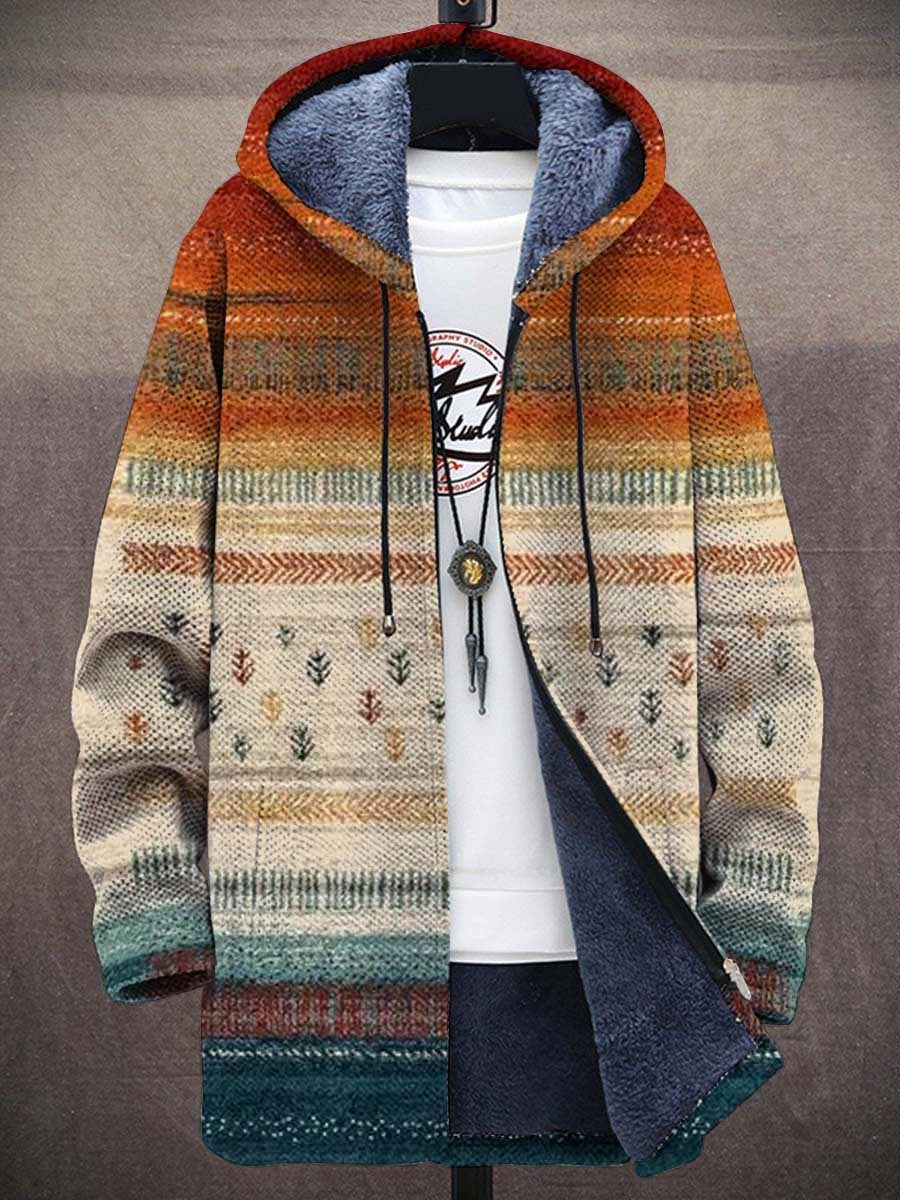 Women's hooded jacket in orange and cream Nordic pattern, fleece lined with full zip