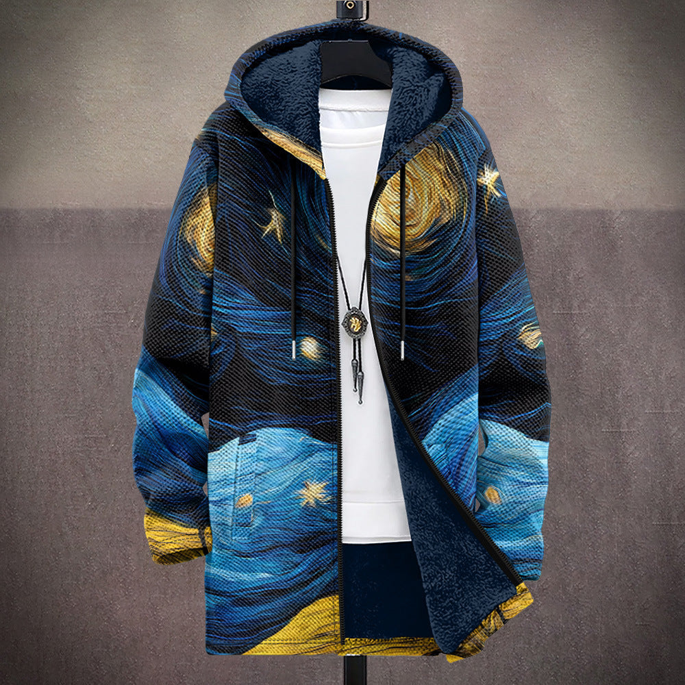 Women's hooded jacket in navy with swirling starry sky print and golden hem, worn open