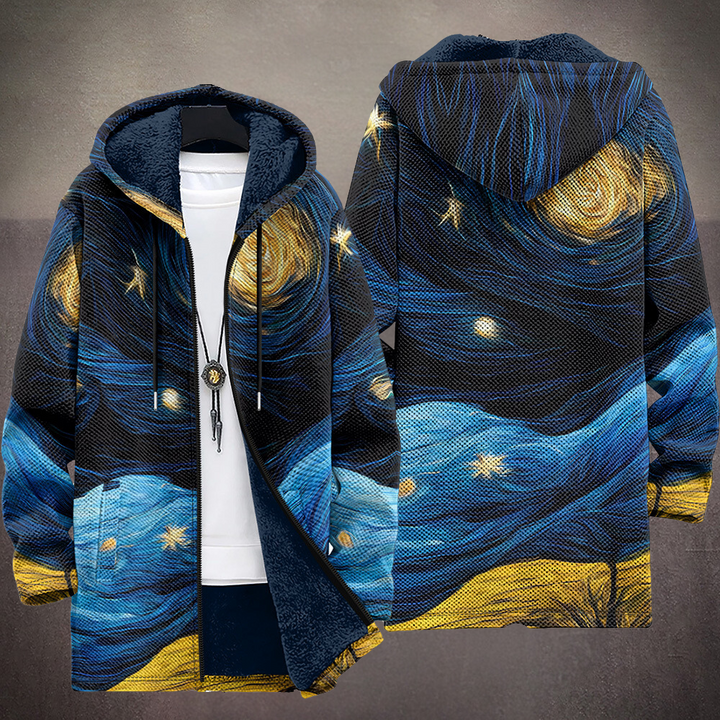 Front and back of the starry sky jacket side by side, moon and stars over the hood