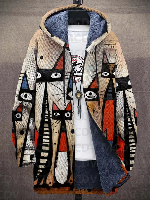 Women's hooded jacket in beige with tall sketched cats in red and black, worn open