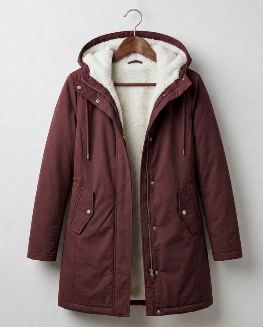 Women's parka coat in burgundy, fleece lined longline winter coat