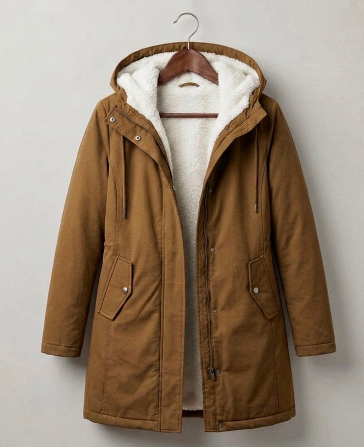 Women's parka coat in camel, fleece lined longline winter coat