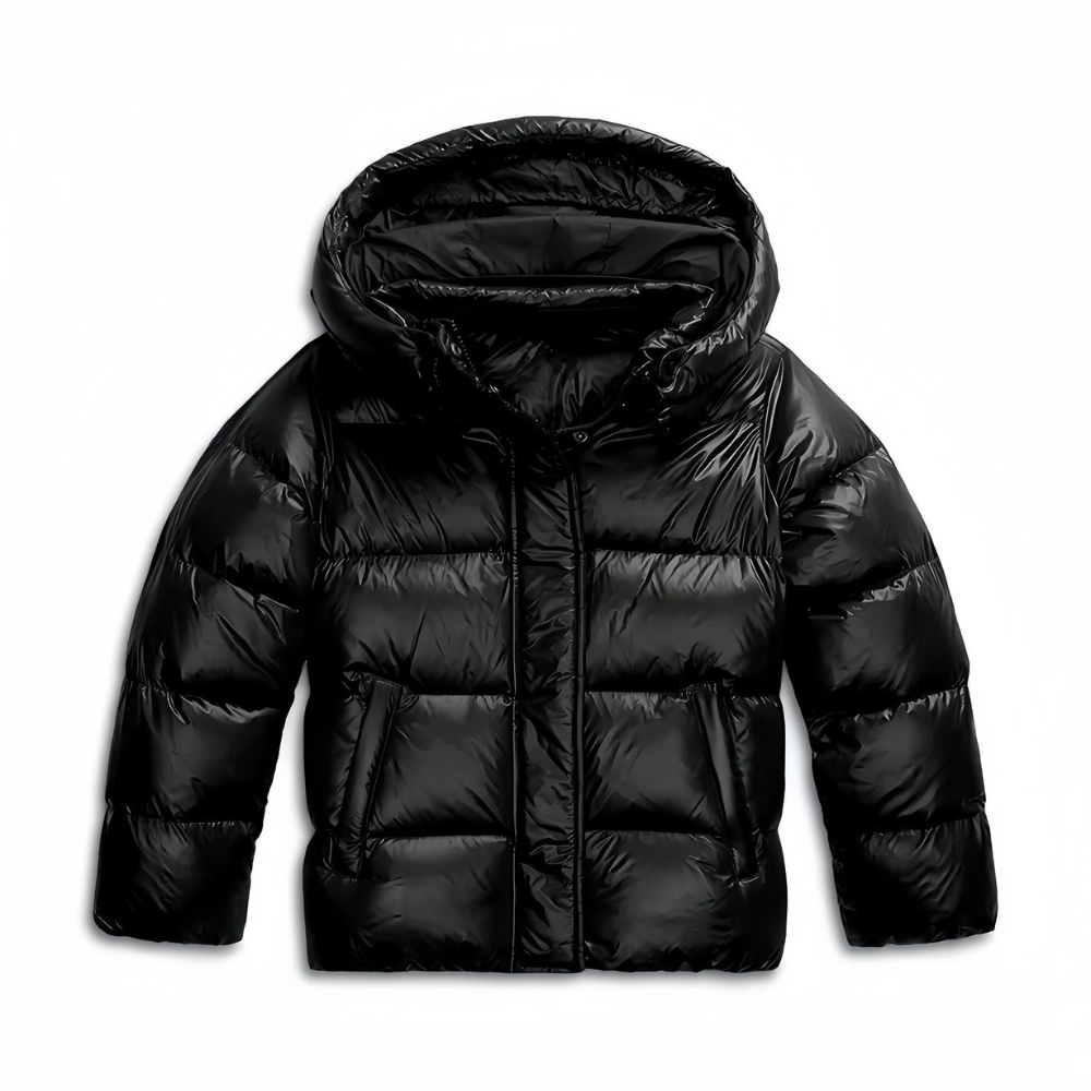 Women's puffer jacket in black, glossy short quilted