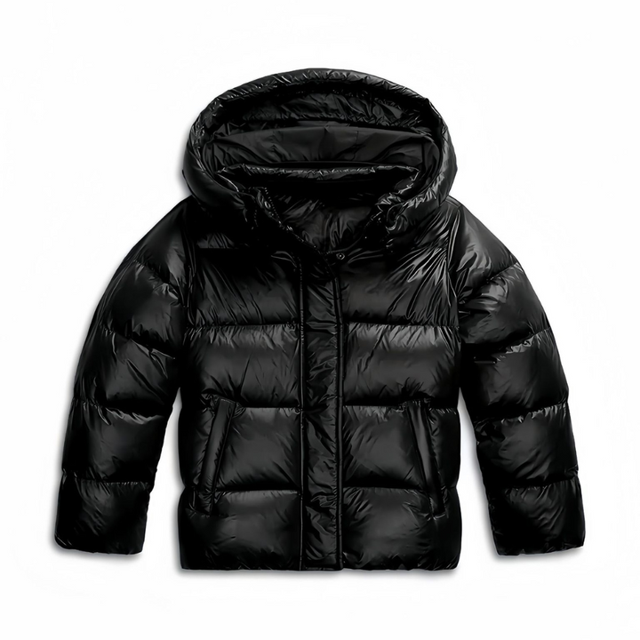 Women's puffer jacket in black, glossy short quilted