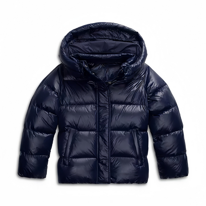 Women's puffer jacket in blue, glossy short quilted