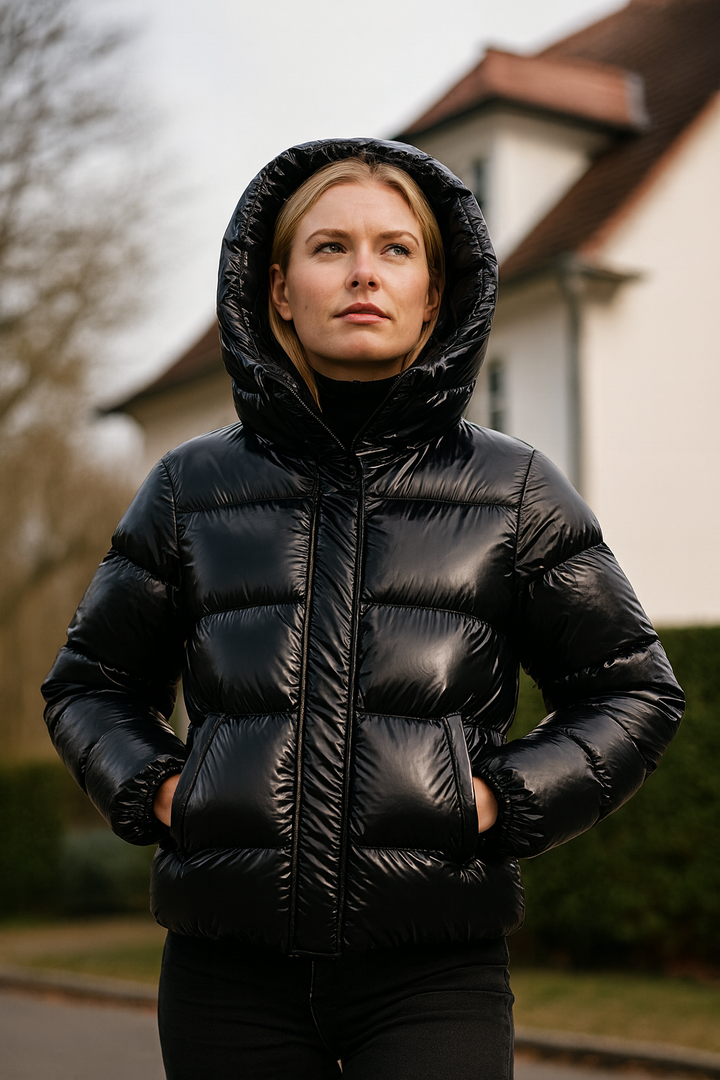 Women's puffer jacket, glossy short quilted, view 3