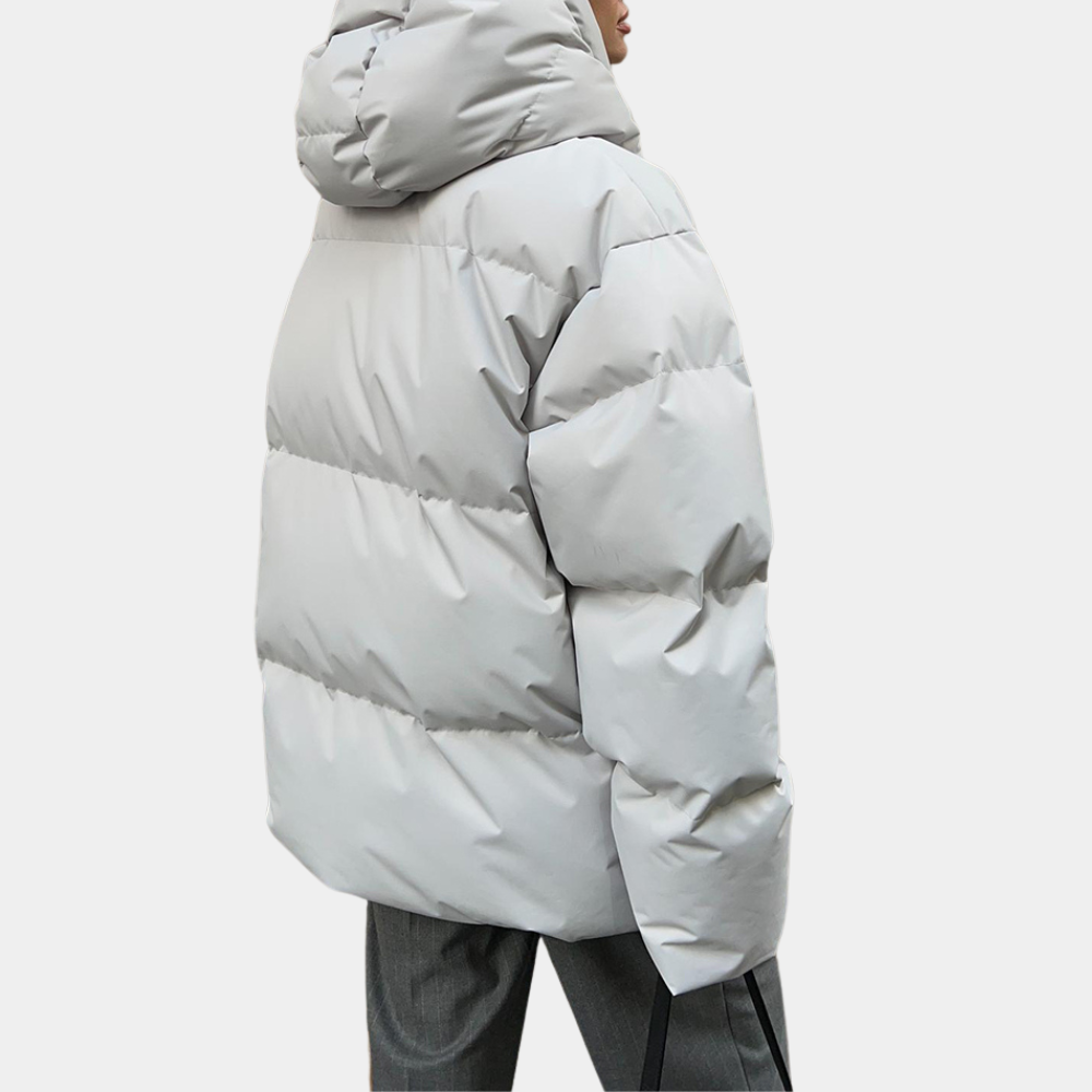 Back of the light grey puffer with the hood and wide quilted channels
